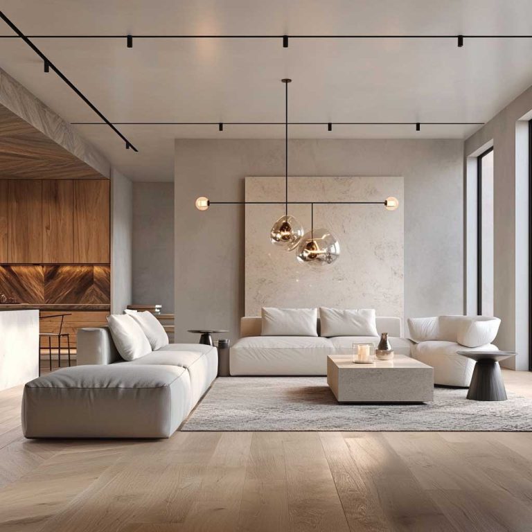 3D vizualizacija savremenog enterijera dnevne sobe — primer dizajnerskog projekta prezentovanog klijentu